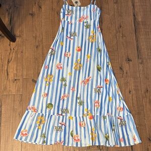 NWT Label of Love Tropical Print Blue Striped Linen blend Maxi Dress S
